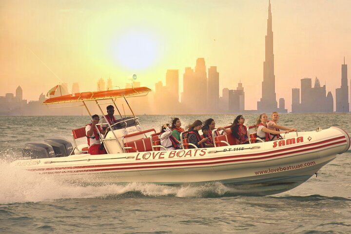 Speed past the iconic Dubai skyline aboard the LOVE BOATS on this high-octane cruise of Atlantis, Marina, and the Burj Al Arab!