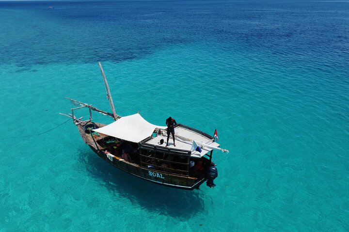 Glide over crystal-clear turquoise waters on your Zanzibar Snorkeling Trip to Tumbatu Island — perfect views and vibrant marine life all around.
